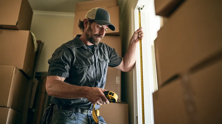 American mover measuring a doorway beside stacked, labeled boxes