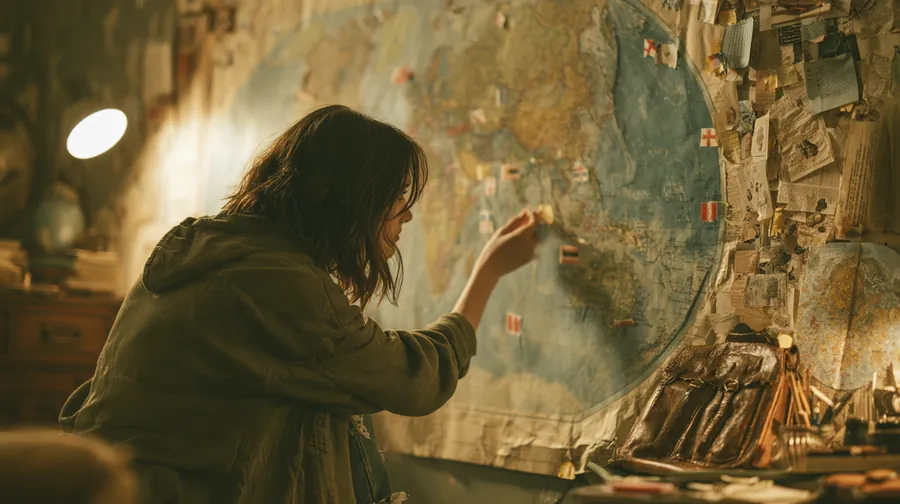 American woman pinning destinations on a large wall map while planning a trip