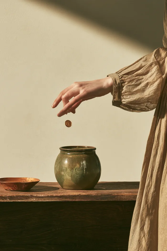 American woman dropping a coin into a savings jar beside a payment calendar