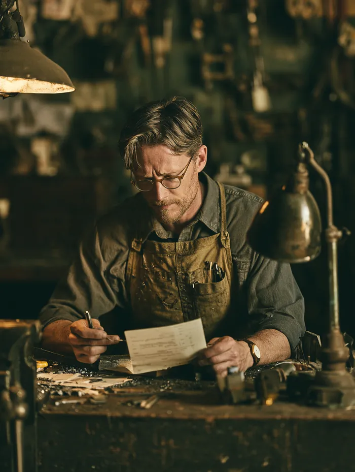 American craftsman totaling an invoice at his workbench before pricing a possible loan