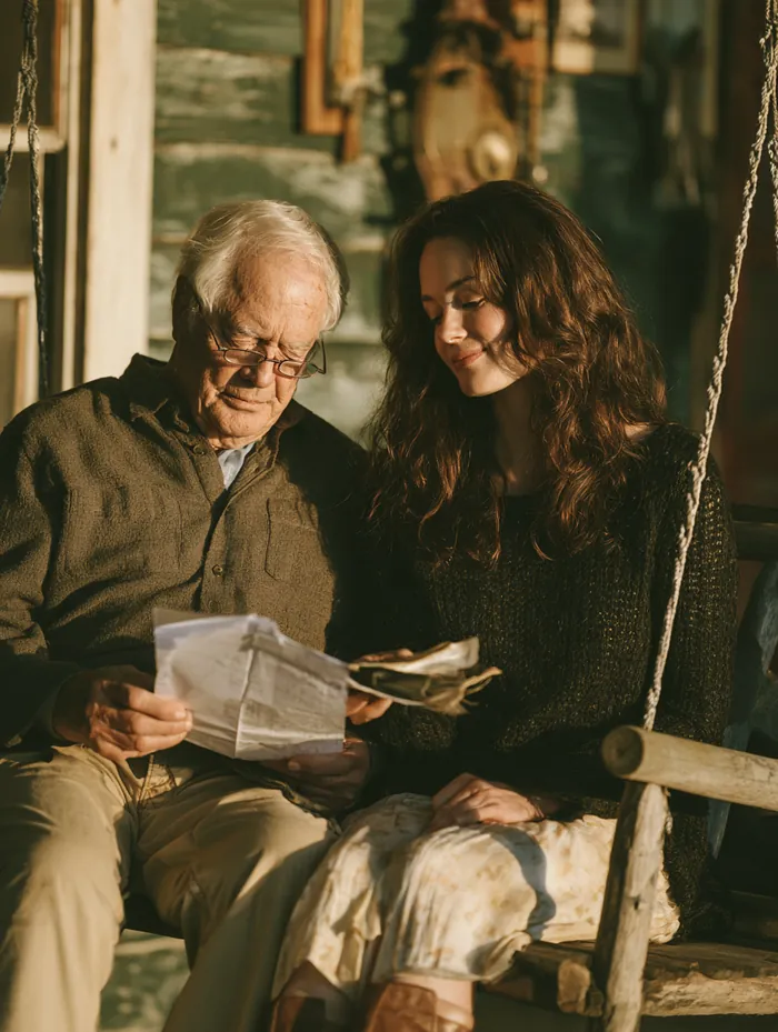 Older American man and young woman reading loan papers together on a porch swing