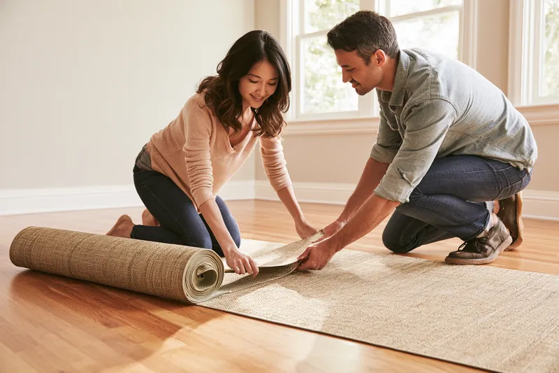 American couple unrolling a woven rug in their new living room