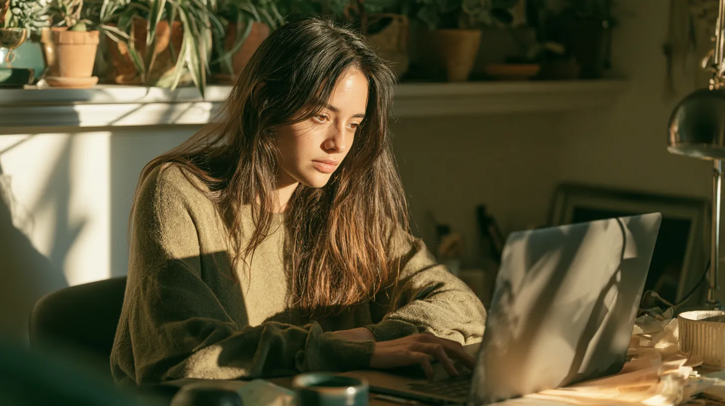 Determined American woman researching bad credit loan options at home