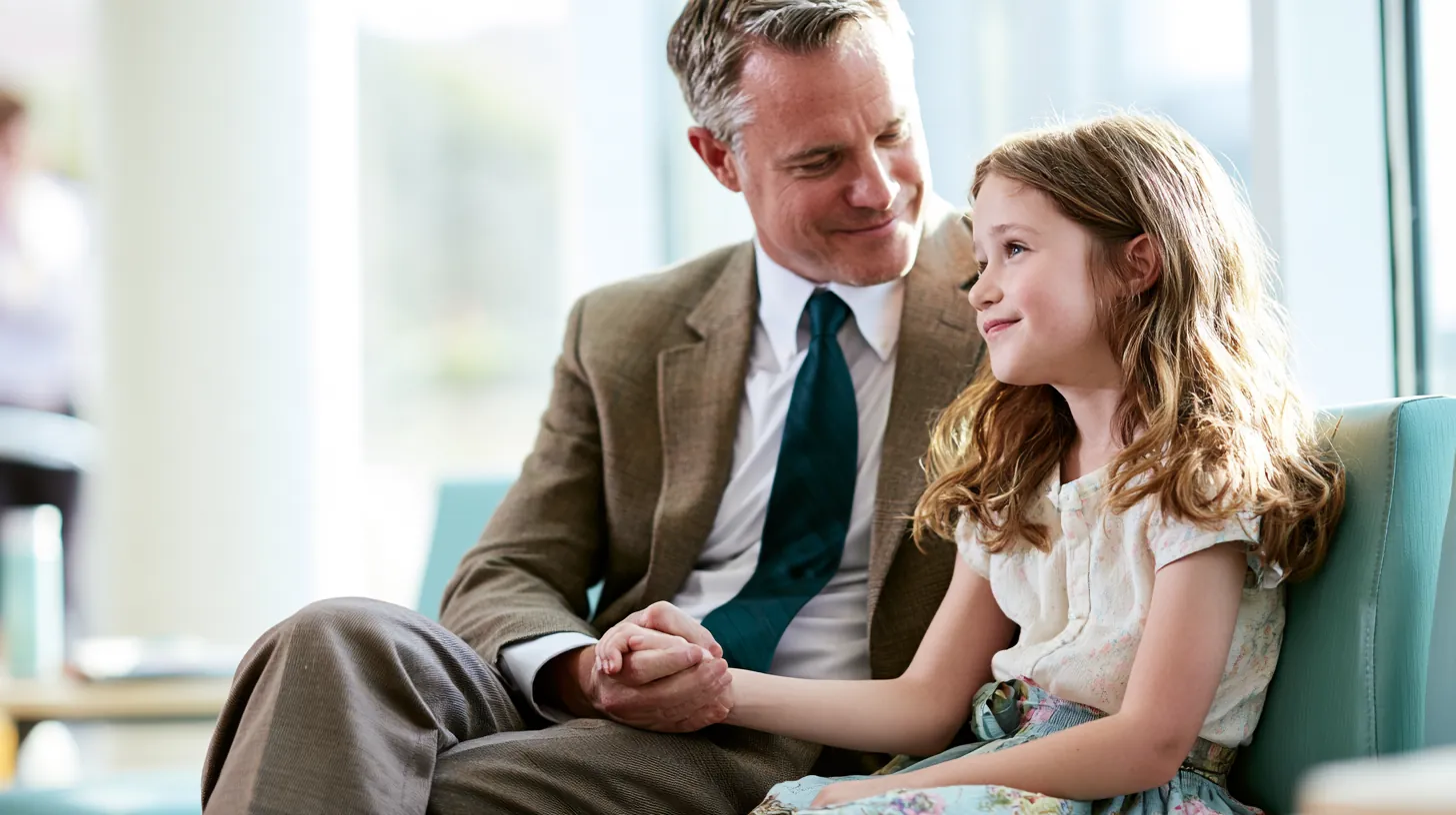 American father with his daughter in a clinic considering a medical loan